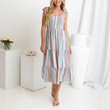 Striped Tie Shoulder Ruffle Hem Dress  High Waist  Long Dresses with Pocket Pleasant Product Express Inc