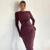 Solid Color Dress Round Neck Long Sleeve Pleated Women's Evening Dresses