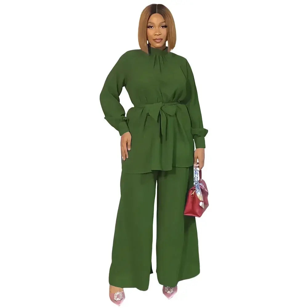 Two Piece Sets Women Solid Blouse Wide Leg Pants Pleasant Product Express Inc