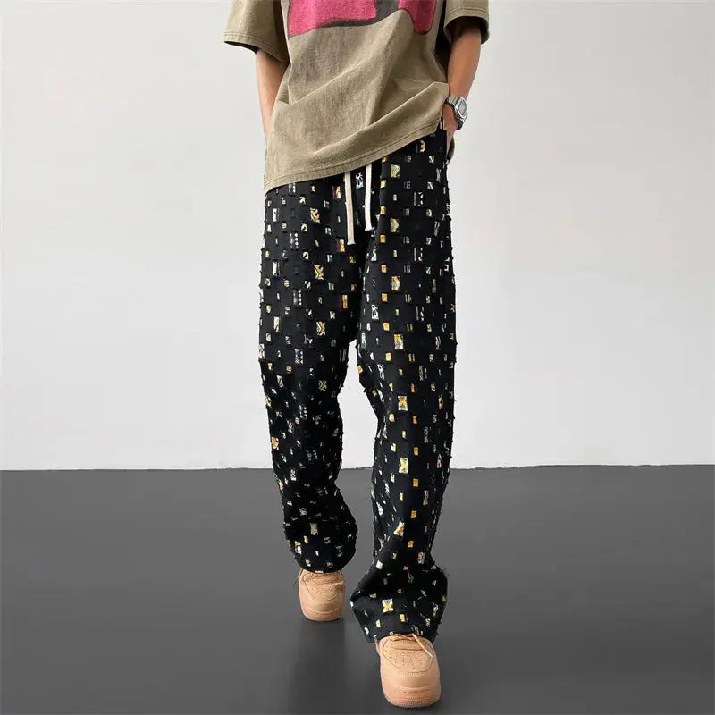 Men's Casual Trousers Hole Plaid Patchwork Pants High Waist Pockets Pleasant Product Express Inc