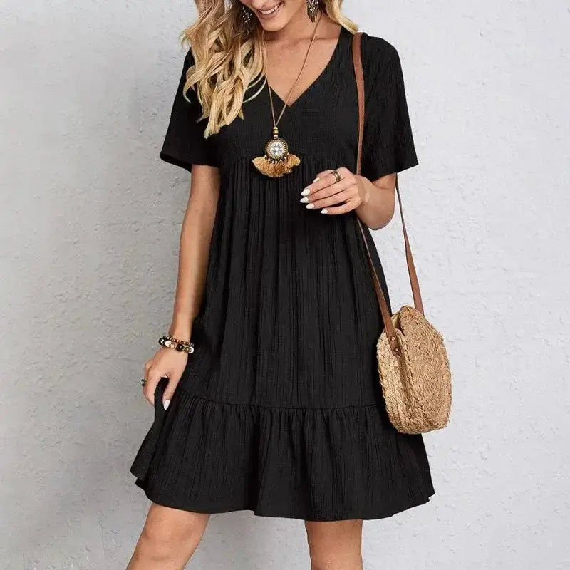 Loose V-neck Short-Sleeved Pleated Women's Dress Pleasant Product Express Inc