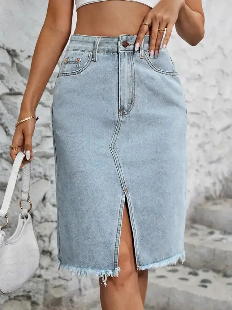 Women  Zipper Fly Raw Hem Split Denim Skirt Pleasant Product Express Inc