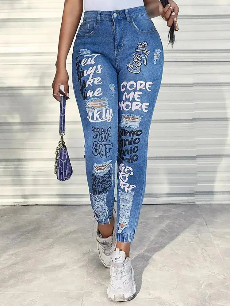 Streetwear Hip Hop Letter Print Ripped Jeans Women Fashion Pleasant Product Express Inc