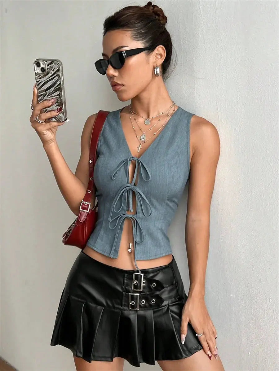 V-neck Lace Up Tops Women's Summer Streetwear Fashion Crop Top Pleasant Product Express Inc