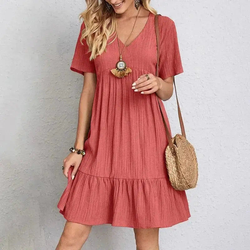 Loose V-neck Short-Sleeved Pleated Women's Dress Pleasant Product Express Inc