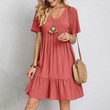 Loose V-neck Short-Sleeved Pleated Women's Dress Pleasant Product Express Inc