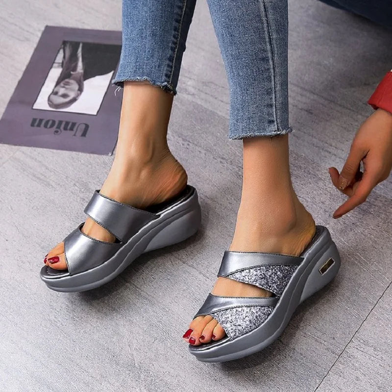 Ladies Glitter PU Wedges Comfortable Female Shoes