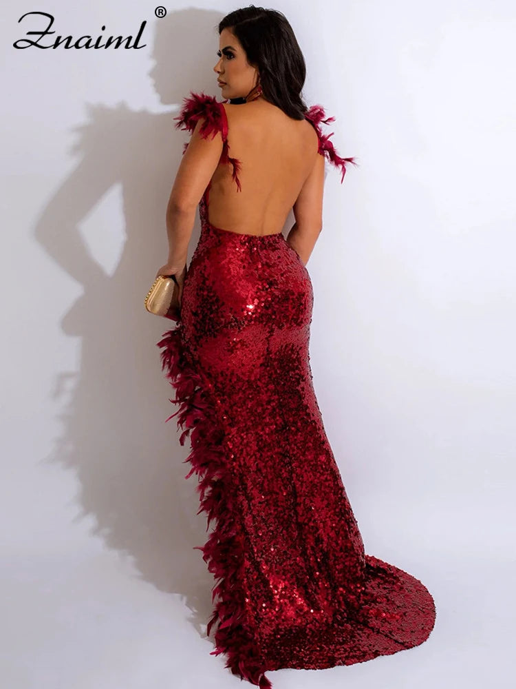 Guest Backless Side High Split Long Dress Women Sexy Sequins Feathers Mermaid Evening