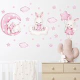 Watercolor Soft Pink 3 Bunnies Rabbit Moon Clouds Stars Wall Stickers for Kids Room