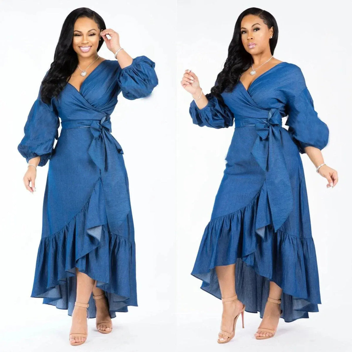 Women's Ruffle Lace-up Vintage Blue Dresses Pleasant Product Express Inc