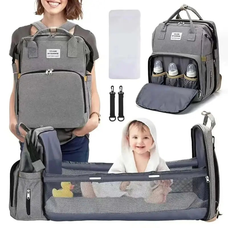 Foldable bed diaper bag with changing station, insulated pocket Pleasant Product Express Inc