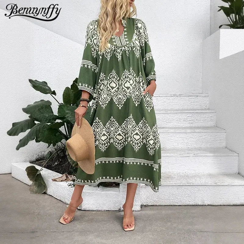 Ethnic Style Geo Print Loose Dress Women's Casual Pleasant Product Express Inc