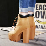 Women's Chunky Heeled Short Boots Round Toe Lace Up High Heels Pleasant Product Express Inc