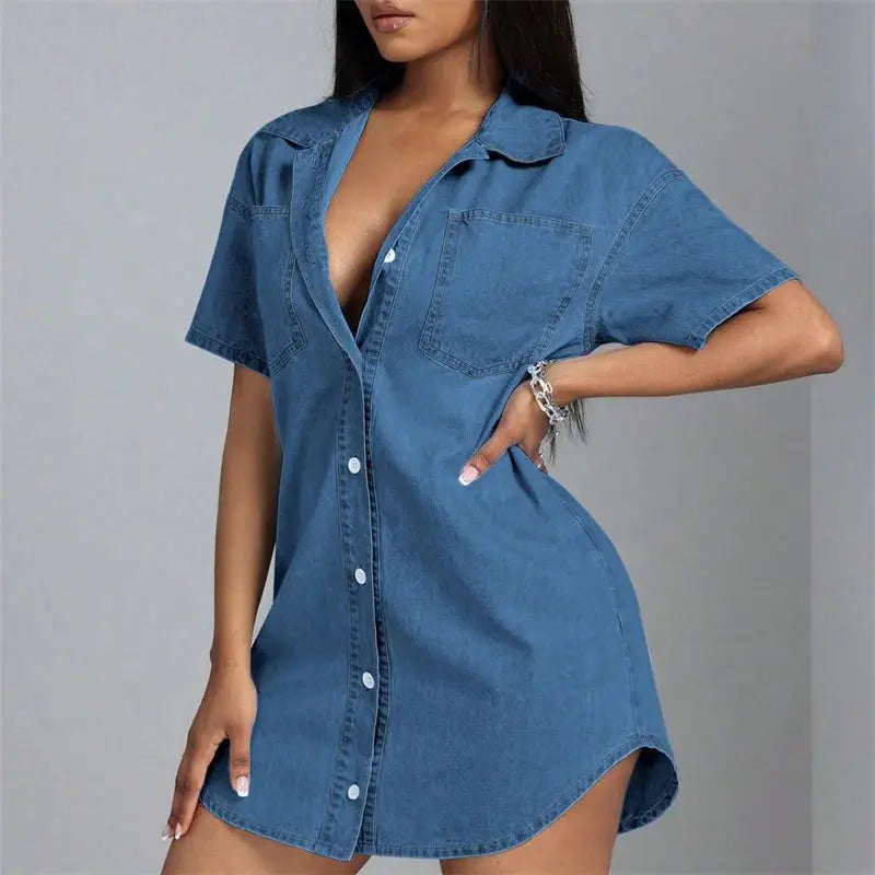 Turn-down Collar Single Breasted Denim Shirt Dress Pleasant Product Express Inc