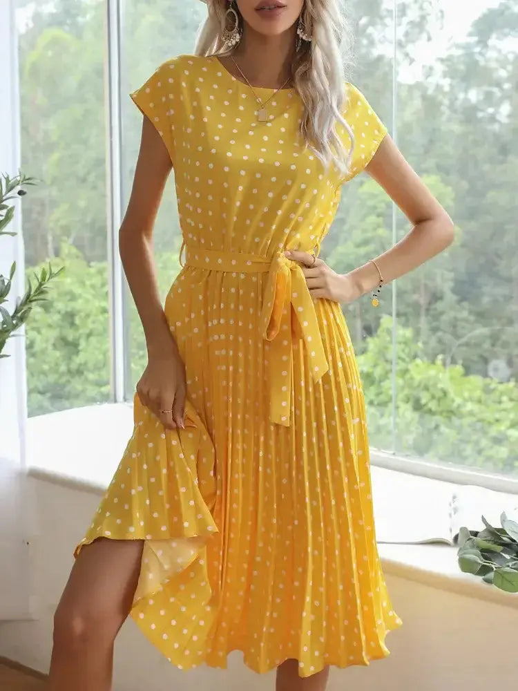 O Neck Polka Dot Summer Dresses Cap Sleeve Women Knee Length Pleasant Product Express Inc