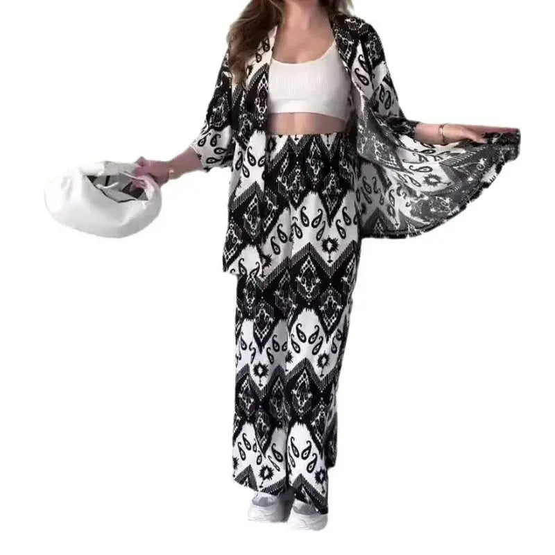Two Piece Sets Print Pant Cardigan V Neck Half Sleeve Shirt Pleasant Product Express Inc