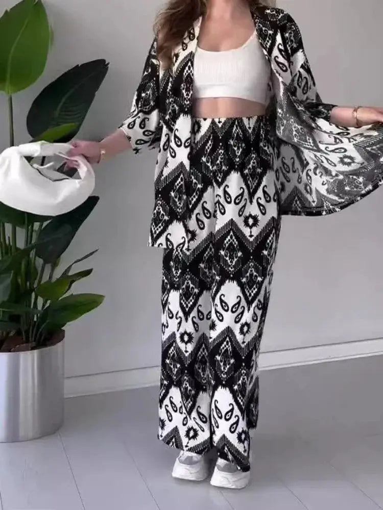 Two Piece Sets Print Pant Cardigan V Neck Half Sleeve Shirt Pleasant Product Express Inc