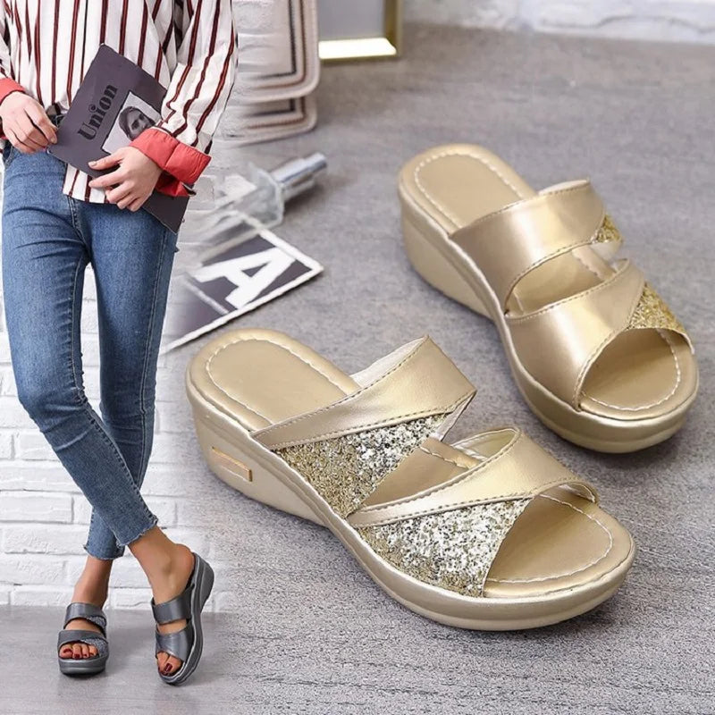 Ladies Glitter PU Wedges Comfortable Female Shoes