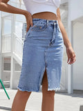 Women  Zipper Fly Raw Hem Split Denim Skirt Pleasant Product Express Inc