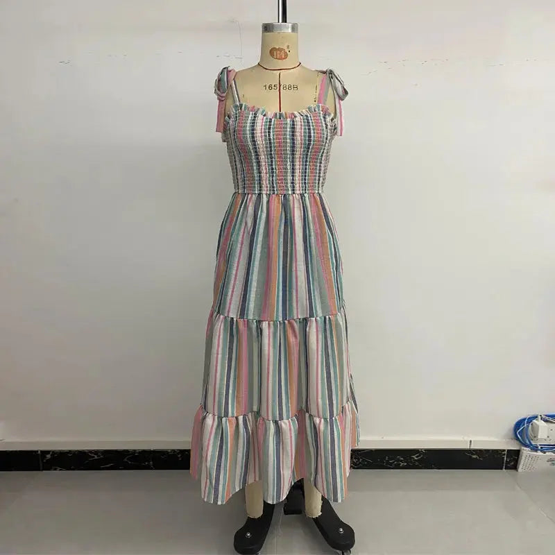 Striped Tie Shoulder Ruffle Hem Dress  High Waist  Long Dresses with Pocket Pleasant Product Express Inc