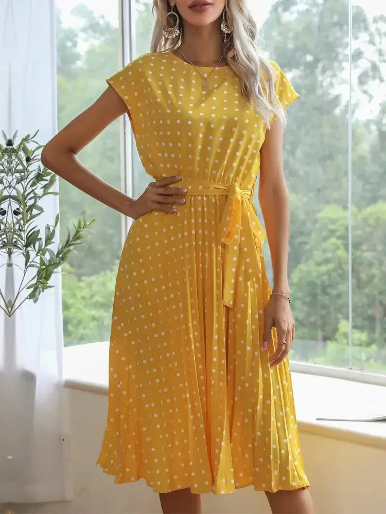 O Neck Polka Dot Summer Dresses Cap Sleeve Women Knee Length Pleasant Product Express Inc