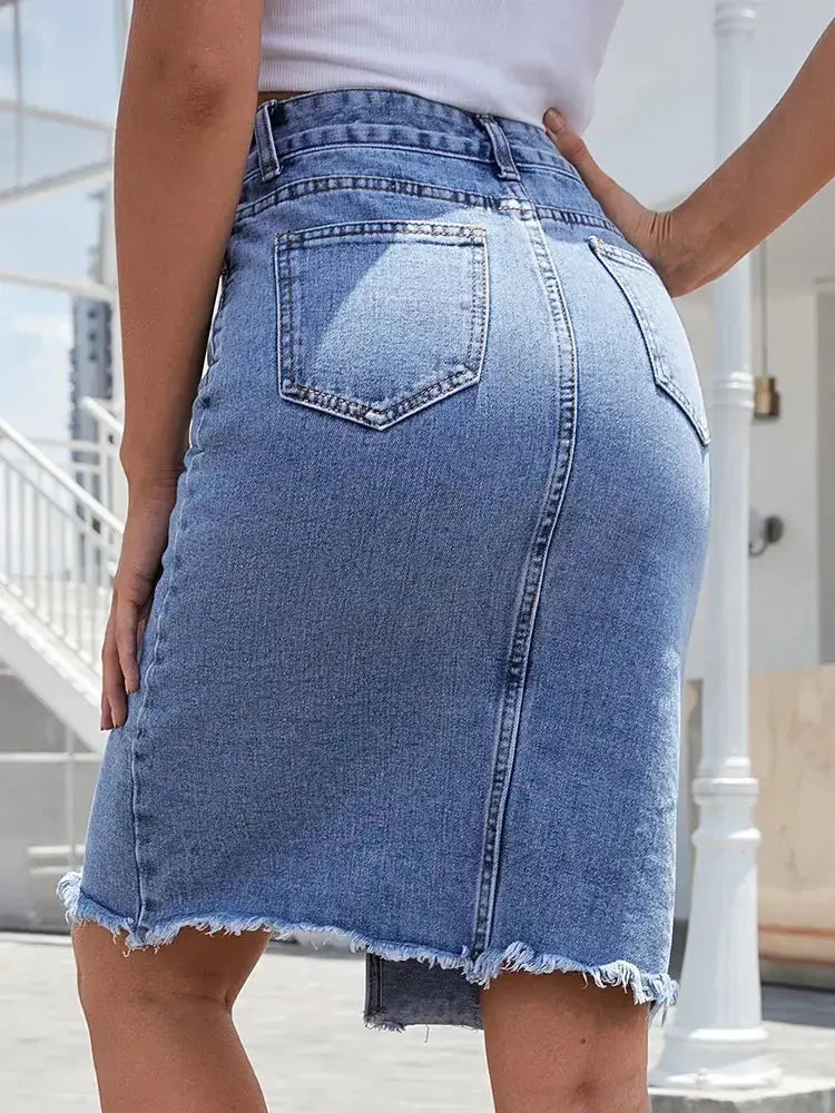 Women  Zipper Fly Raw Hem Split Denim Skirt Pleasant Product Express Inc