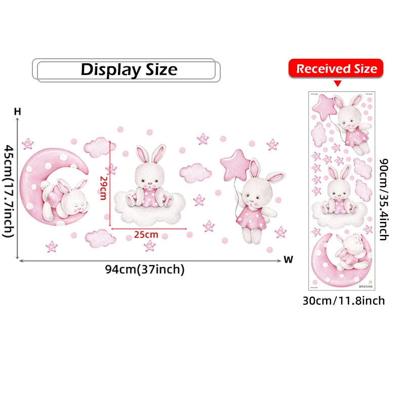 Watercolor Soft Pink 3 Bunnies Rabbit Moon Clouds Stars Wall Stickers for Kids Room