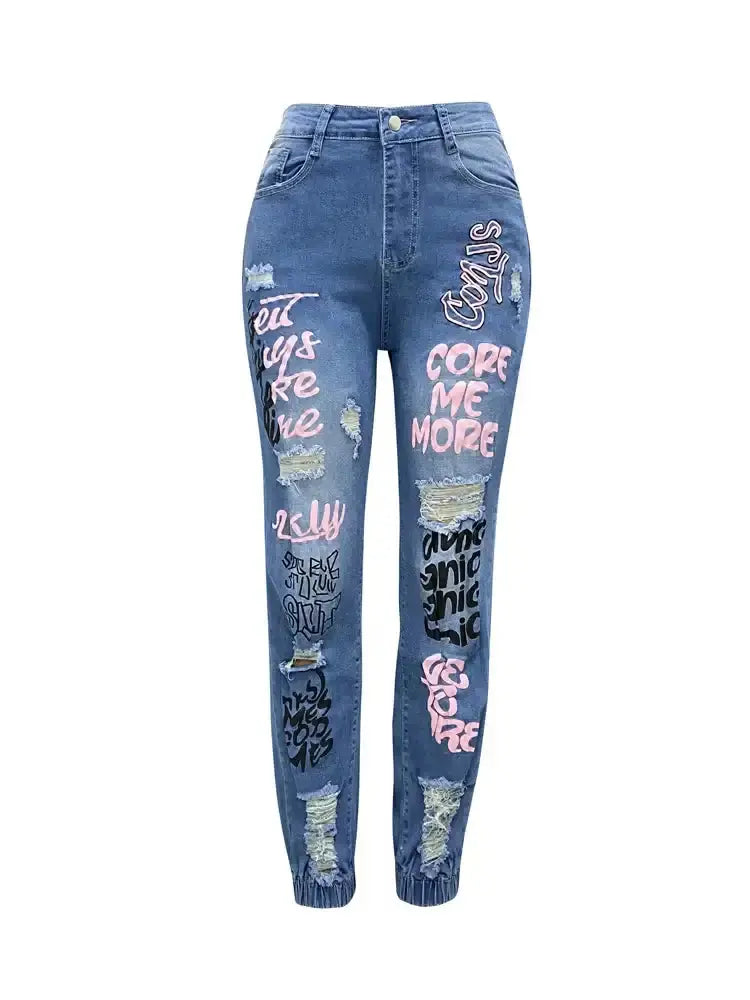 Streetwear Hip Hop Letter Print Ripped Jeans Women Fashion Pleasant Product Express Inc