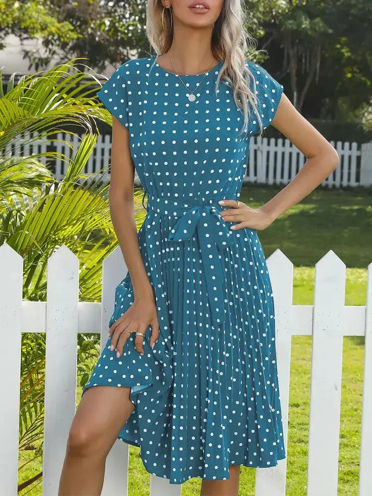 O Neck Polka Dot Summer Dresses Cap Sleeve Women Knee Length Pleasant Product Express Inc