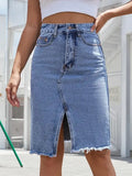 Women  Zipper Fly Raw Hem Split Denim Skirt Pleasant Product Express Inc
