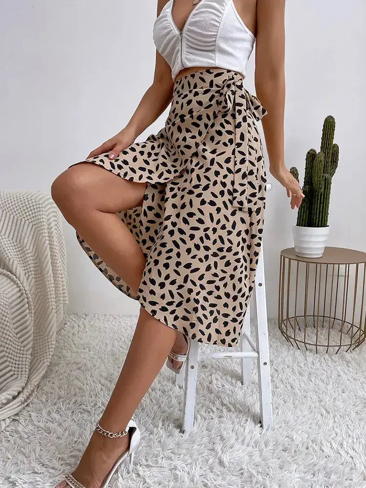 Women's Casual Print Tie Side Wrap Skirt Elegant High Waist Pleasant Product Express Inc