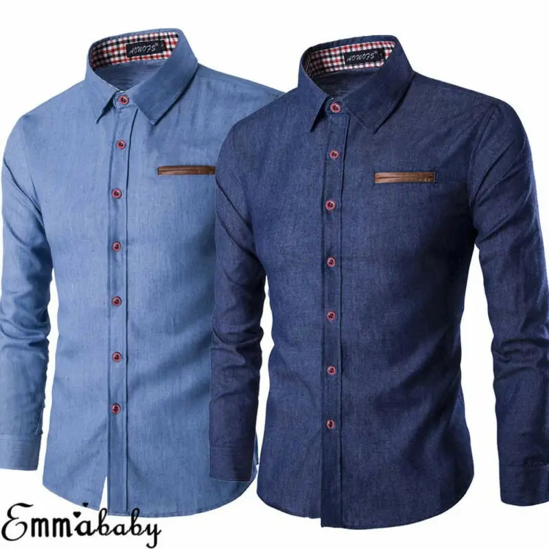 Men's Fashion Denim Dress Shirt Long Sleeve