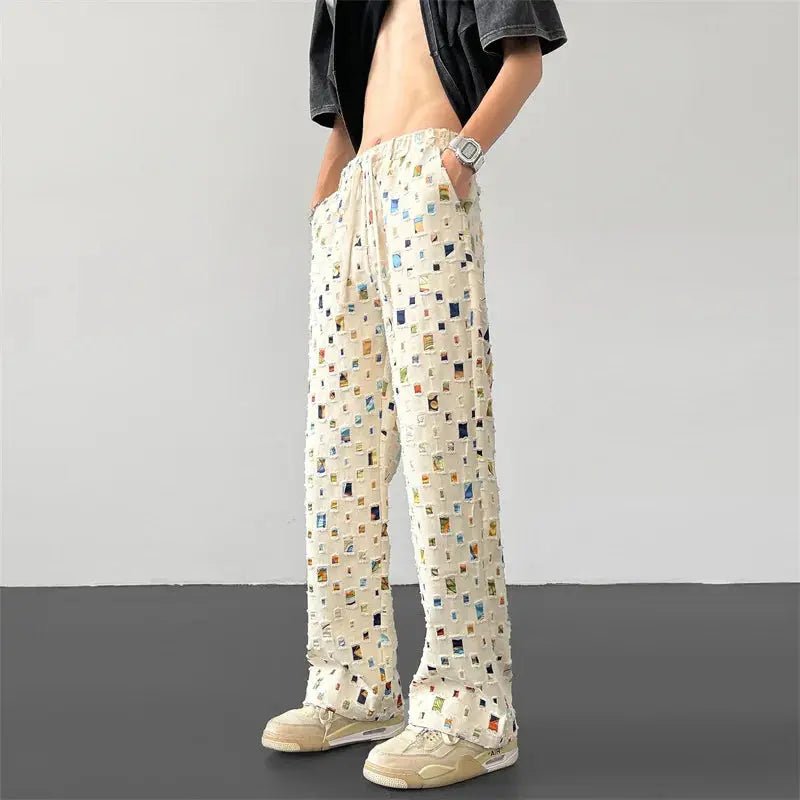 Men's Casual Trousers Hole Plaid Patchwork Pants High Waist Pockets Pleasant Product Express Inc