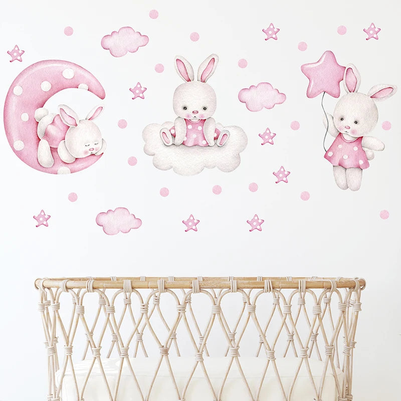 Watercolor Soft Pink 3 Bunnies Rabbit Moon Clouds Stars Wall Stickers for Kids Room