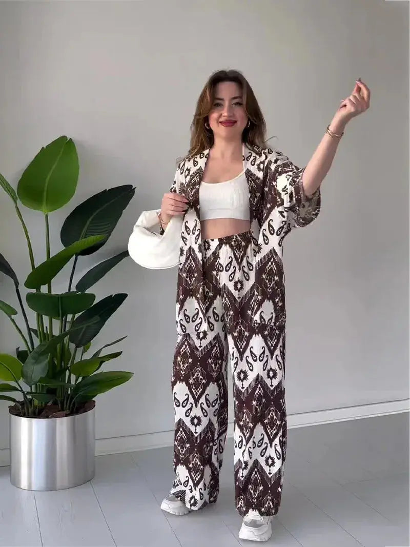 Two Piece Sets Print Pant Cardigan V Neck Half Sleeve Shirt Pleasant Product Express Inc