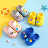 Lightweight non-slip children's sandals in gray, yellow, pink, and blue with cute animal decorations, perfect for boys and girls summer activities.