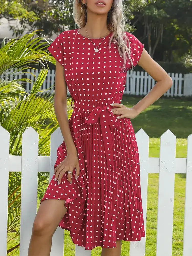 O Neck Polka Dot Summer Dresses Cap Sleeve Women Knee Length Pleasant Product Express Inc