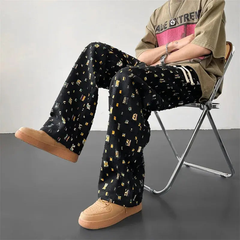 Men's Casual Trousers Hole Plaid Patchwork Pants High Waist Pockets Pleasant Product Express Inc