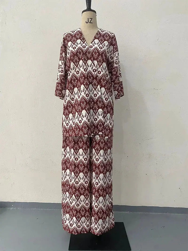 Two Piece Sets Print Pant Cardigan V Neck Half Sleeve Shirt Pleasant Product Express Inc