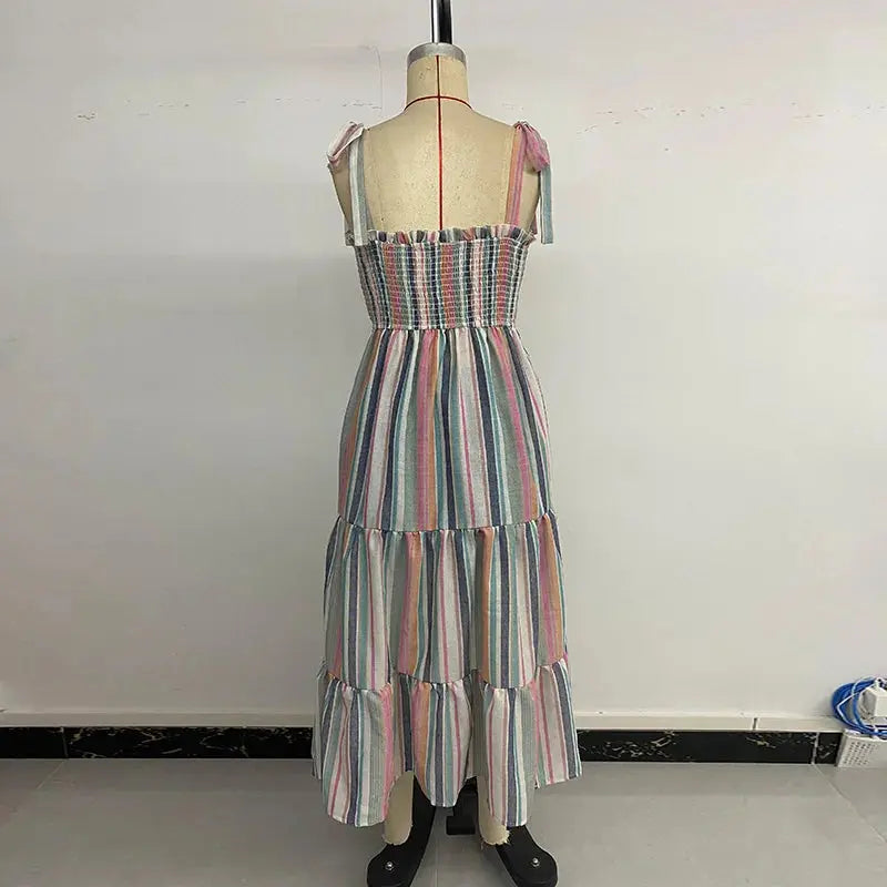 Striped Tie Shoulder Ruffle Hem Dress  High Waist  Long Dresses with Pocket Pleasant Product Express Inc