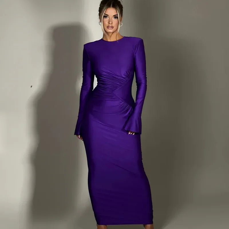 Solid Color Dress Round Neck Long Sleeve Pleated Women's Evening Dresses