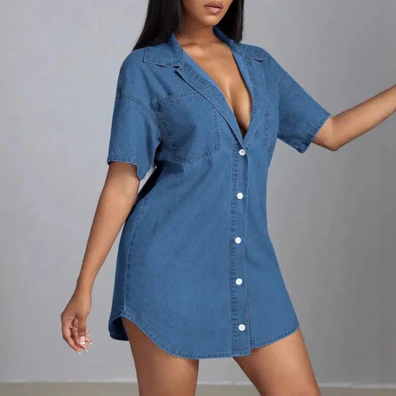 Turn-down Collar Single Breasted Denim Shirt Dress Pleasant Product Express Inc