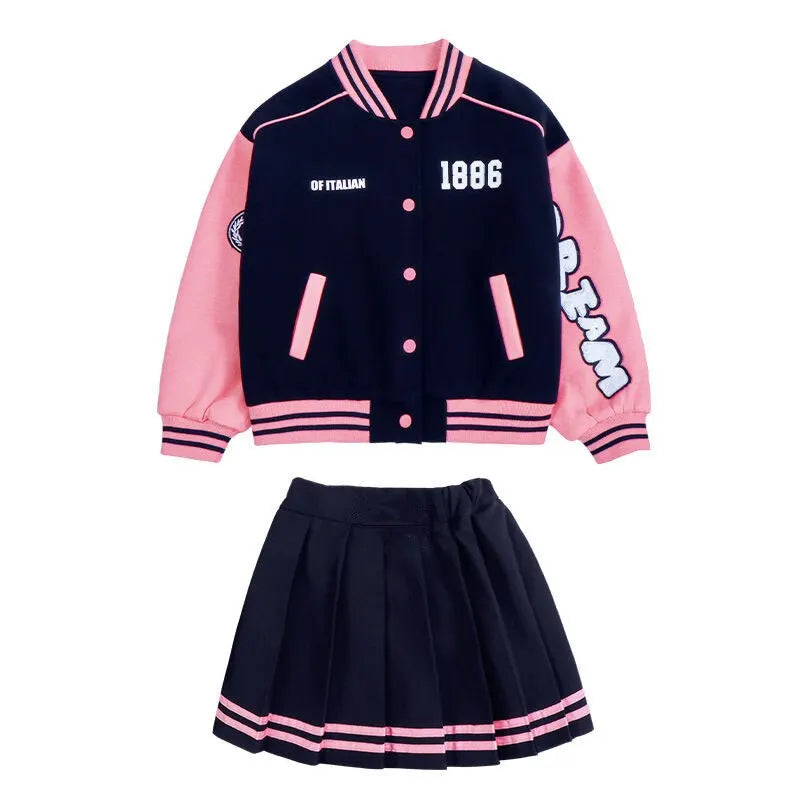 Junior Girls  Baseball Suits Jacket & Pleated Skirt 2 Pcs Outfits