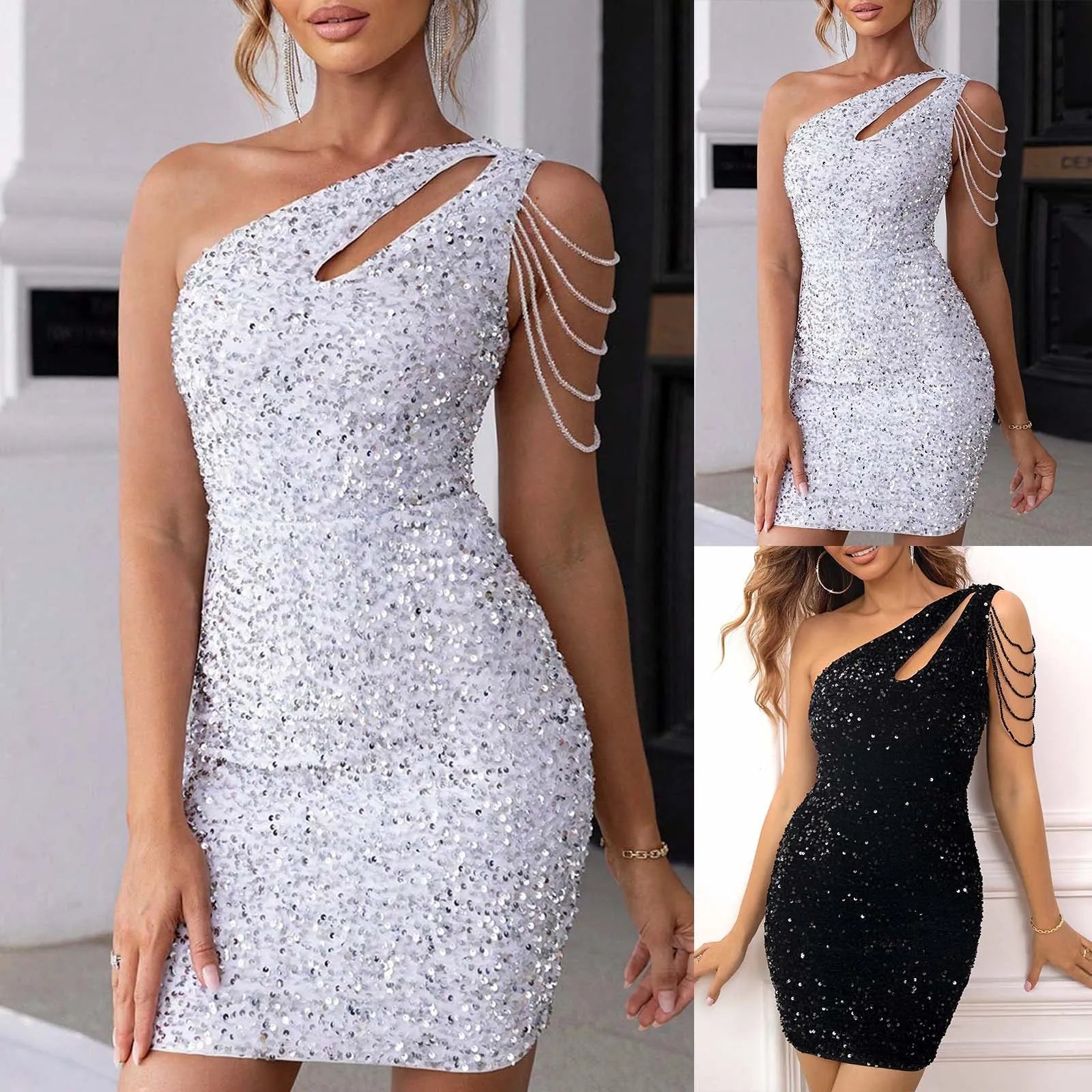 One Shoulder Cutout Sequin Party Dress Women Sleeveless High Waist