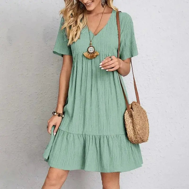Loose V-neck Short-Sleeved Pleated Women's Dress Pleasant Product Express Inc