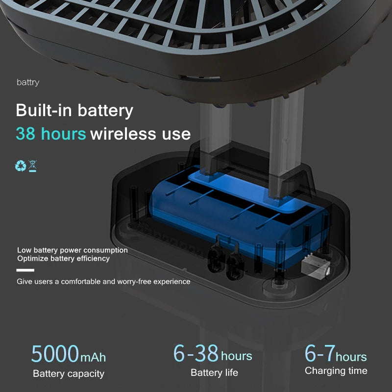 90° Folding Fan 5000mAh Battery USB Timing Desktop Cooling Fan