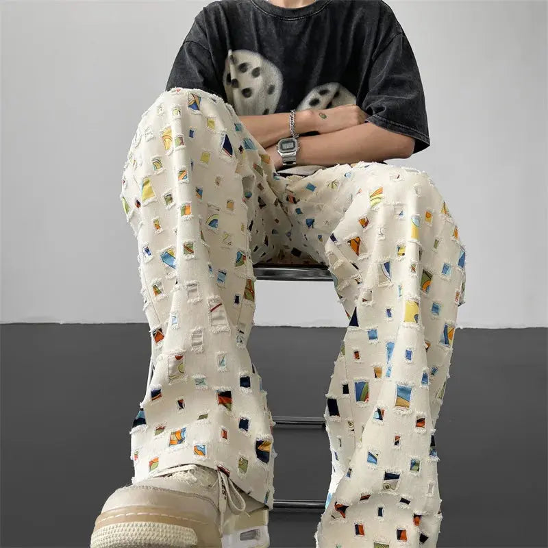 Men's Casual Trousers Hole Plaid Patchwork Pants High Waist Pockets Pleasant Product Express Inc