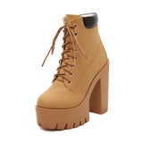 Women's Chunky Heeled Short Boots Round Toe Lace Up High Heels Pleasant Product Express Inc