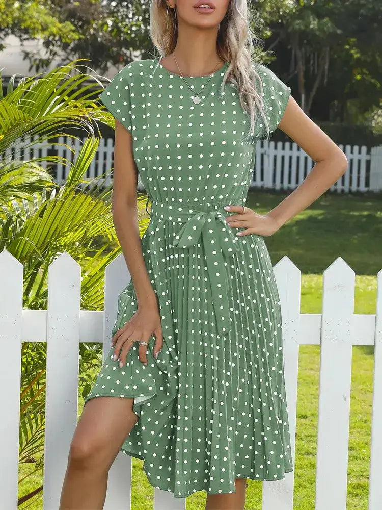 O Neck Polka Dot Summer Dresses Cap Sleeve Women Knee Length Pleasant Product Express Inc