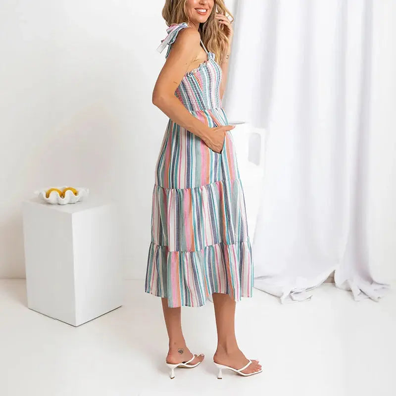 Striped Tie Shoulder Ruffle Hem Dress  High Waist  Long Dresses with Pocket Pleasant Product Express Inc